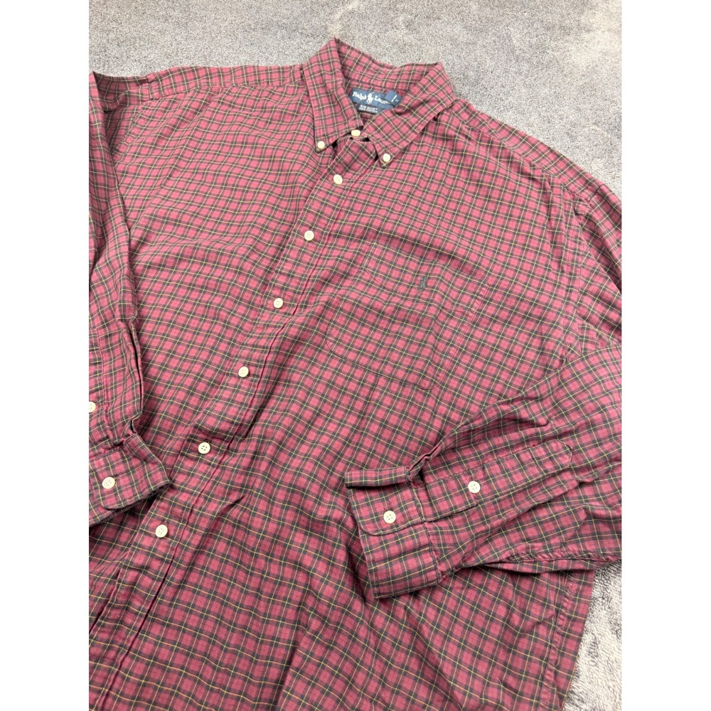 Polo Ralph Lauren Big Shirt XXL Mens Burgundy Plaid Cotton Button‎ Down Long Slv